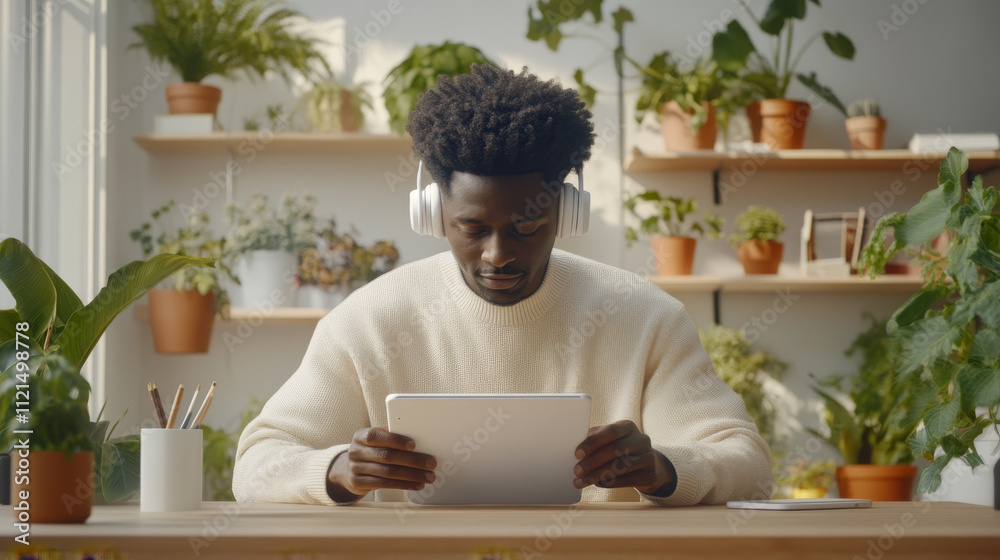 Focused man wearing headphones using tablet in bright indoor garden filled with plants. serene atmosphere enhances concentration and creativity Focused man wearing headphones using tablet in bright indoor garden filled with plants. serene atmosphere enhances concentration and creativity