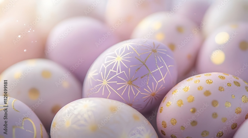 Close-up of pastel pink and lilac Easter eggs decorated with gold patterns. Close-up of pastel pink and lilac Easter eggs decorated with gold patterns.
