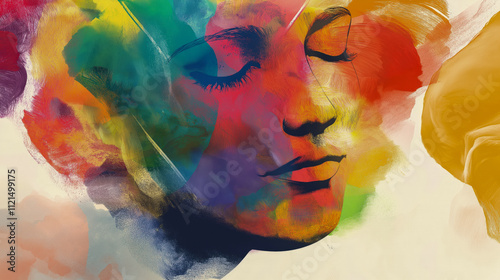 Expression unveils a captivating blend of colors enveloping a serene face, symbolizing the depth of human emotions and creativity in modern art.