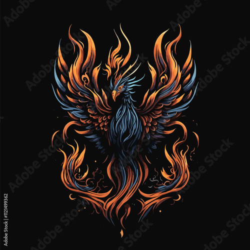 Fiery Phoenix Vector. Mystical Bird with Vibrant Flames and Majestic Wings