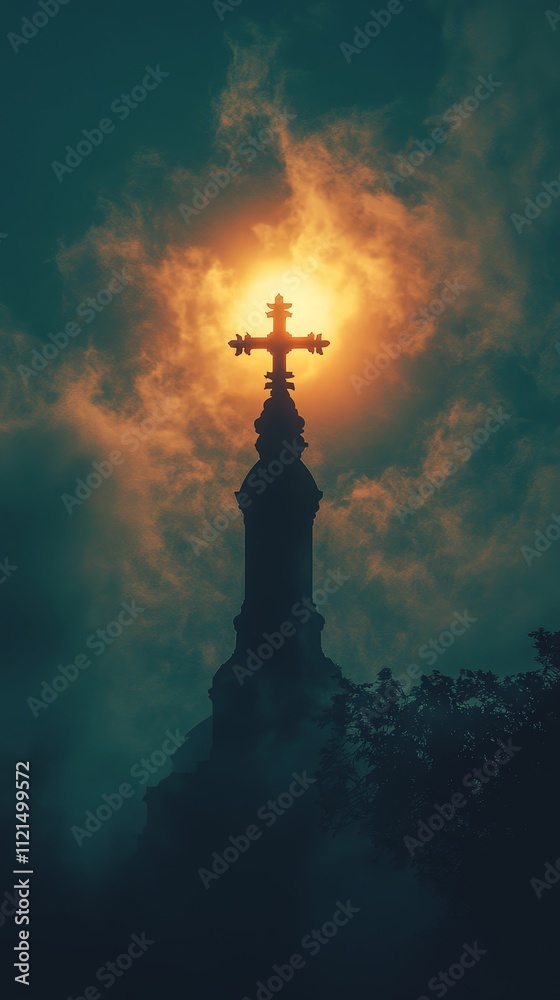 Silhouette of a Christian Cross Against a Dramatic Glowing Sky