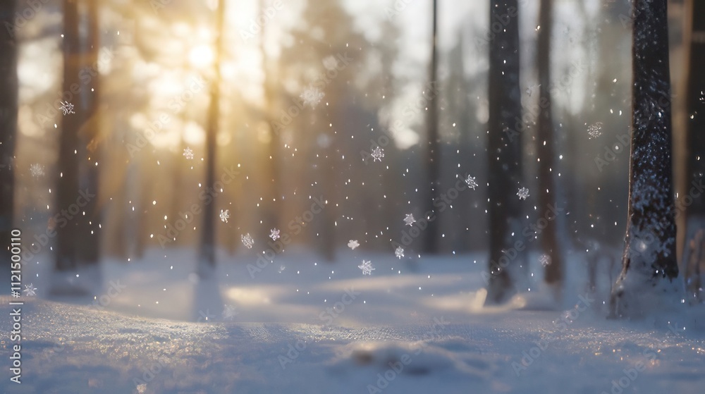 Sunlit snowy forest scene with falling snowflakes. Sunlit snowy forest scene with falling snowflakes.