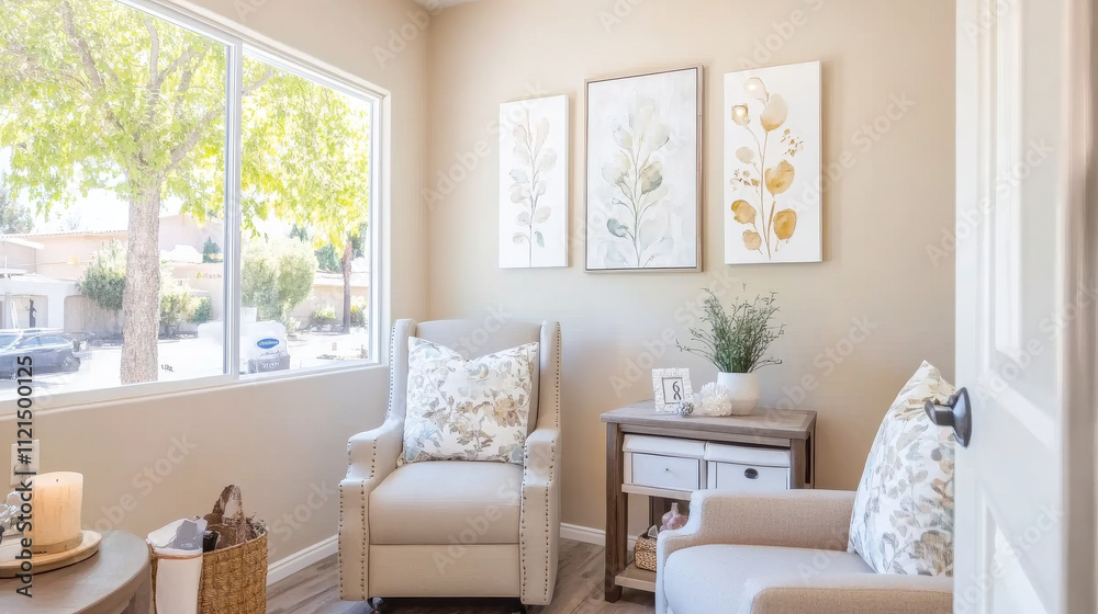 Fototapeta premium A cozy living room corner featuring two comfortable armchairs, decorative wall art, and small side table. natural light from window enhances warm atmosphere, creating welcoming space