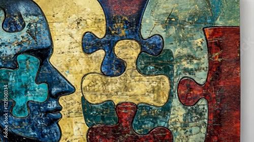 Abstract puzzle art featuring human faces in vibrant colors placed in a gallery setting