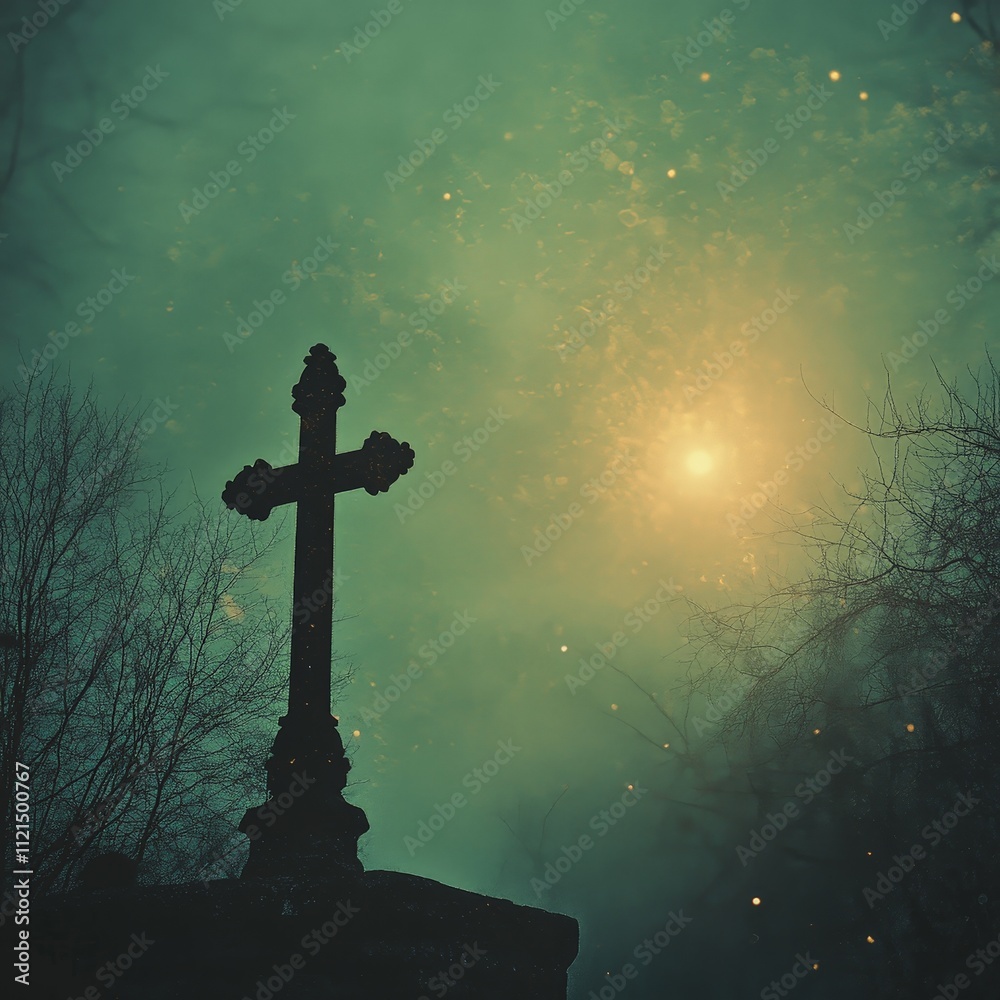 Naklejka premium Silhouette of a Christian Cross Against a Dramatic Glowing Sky