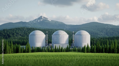 Three large industrial tanks in a green field with mountains in the background.