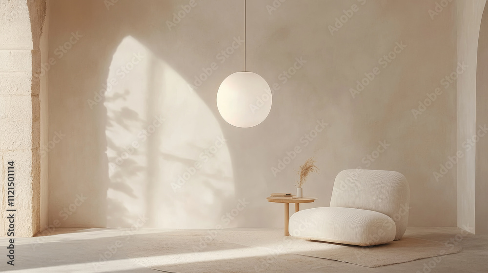 Fototapeta premium A serene interior featuring modern chair and round pendant light, creating calming atmosphere. soft textures and neutral tones enhance minimalist design