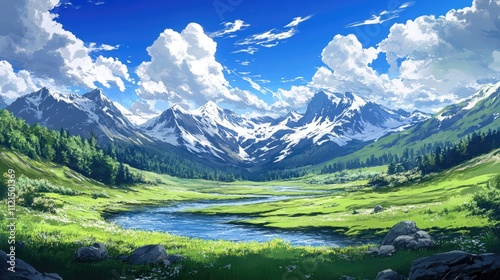 Serene Valley Landscape With Snow Capped Mountains And River