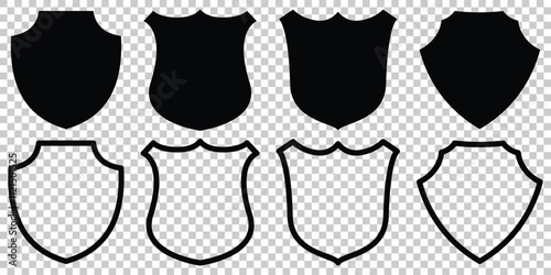 Shield icons set. Protect shield vector. Badge quality symbol, sign, logo or emblem. safety guard strong shield shape icon. Secure safeguard web sign in filled and outlined style. Vector illustration.