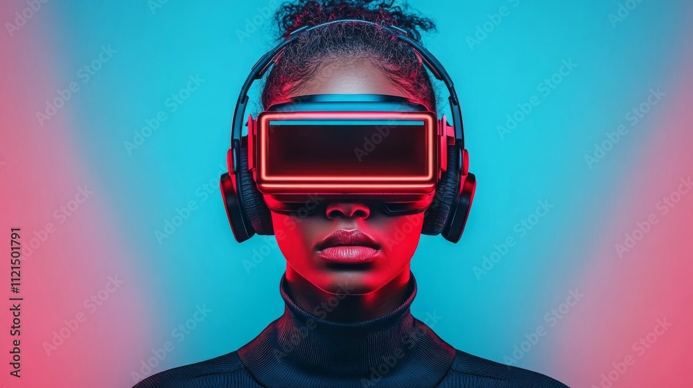 Immersed in vibrant world, woman wears futuristic VR headset, showcasing technologys impact on modern experiences. striking colors enhance emotional connection to innovation Immersed in vibrant world, woman wears futuristic VR headset, showcasing technologys impact on modern experiences. striking colors enhance emotional connection to innovation