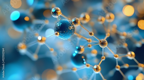 An abstract representation of molecules or buckyballs. Shallow depth of field. Interconnected structure. Blue and gold. Microscope view. photo