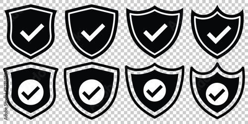 Security shield symbols. Shield with check mark icon vector. Shield with a checkmark in the middle safety or protection icon. shield protection icon with tick mark. Vector illustration.