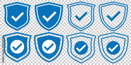Set of security shield icons, security shields logotypes with check mark and padlock. Access approved symbol. Safety insignia. Vector illustration. 