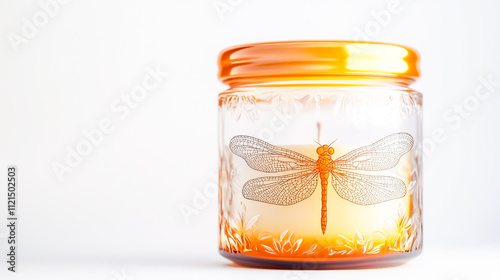 A decorative glass jar featuring a candle and an intricate dragonfly design, isolated against a clean white background photo