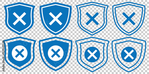 Security Shield Vector. Shield with cross icon set.  Protection icon. Shield vector icon. Protection is disabled. Protect shield vector. Vector illustrator. 