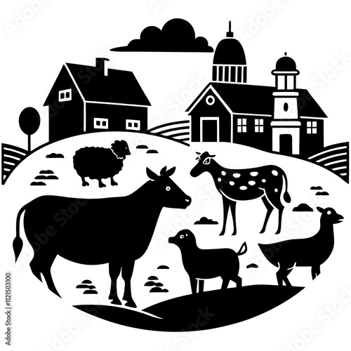 Hand-Drawn Farm Animals and Rural Village Vector Collection