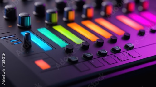 studio equipment including knobs, sliders, and colorful LED displays, artistic 