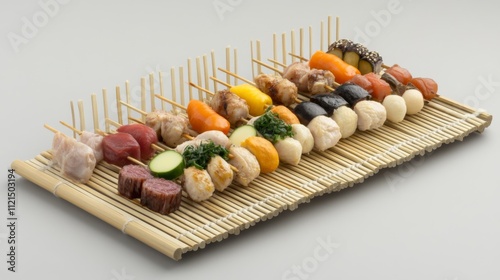 Colorful Assortment of Japanese Skewered Food on a Bamboo Tray photo