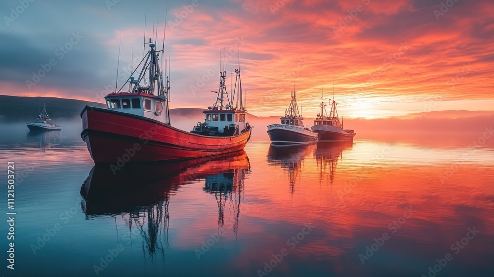 Four fishing boats anchored in calm water at sunrise with fog in the distance and a bright red sky reflecting in the water. Four fishing boats anchored in calm water at sunrise with fog in the distance and a bright red sky reflecting in the water.