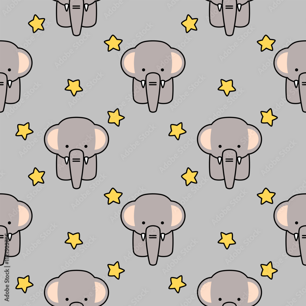 Fototapeta premium Elephant cartoon so cute. On star gray background. Pattern seamless vector illustration.