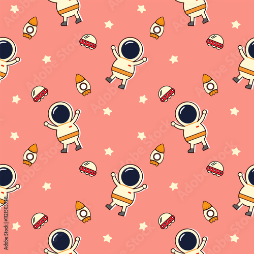Astronaut cartoon so cute. On rocket ufo star pink background. Pattern seamless vector illustration. 

