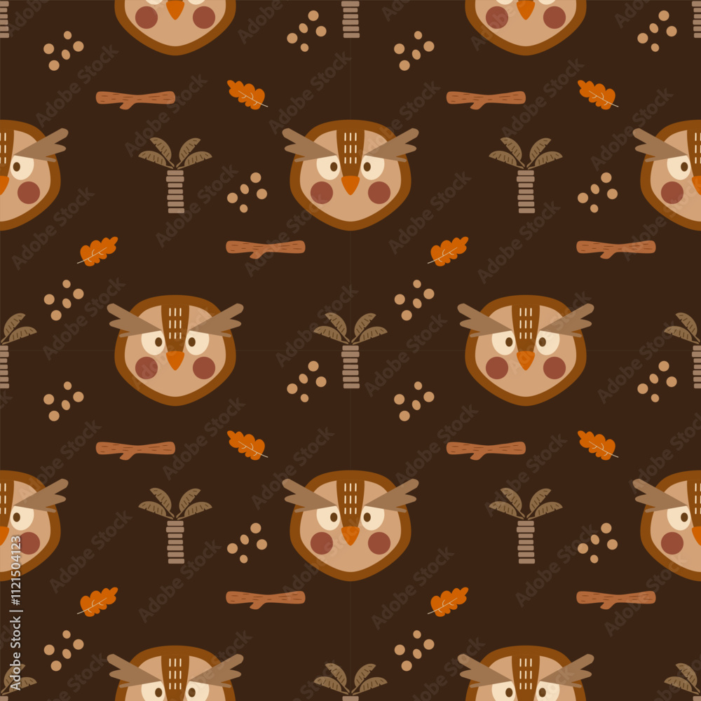 Fototapeta premium Face owl cartoon so cute. On leaf tree wood brown background. Pattern seamless vector illustration. 