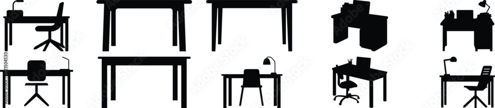 Fototapeta premium Desk silhouette set vector design big pack of work illustration and icon