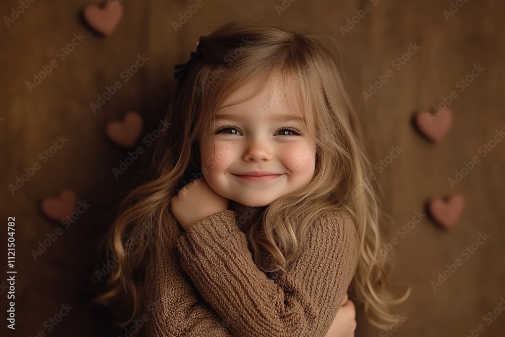 a little girl giving herself a big Valentine hug with hearts in the background on mocha
