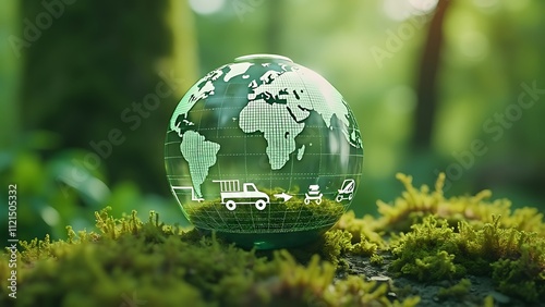 Green logistic or Sustainable transport. Sustainable global transport. logistics or travel by Ship, car, train, airplane, truck, with clean energy and eco friendly process to Net zero carbon emission