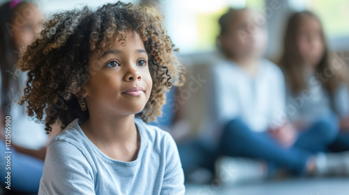 A young girl with curly hair is sitting in a circle with other children