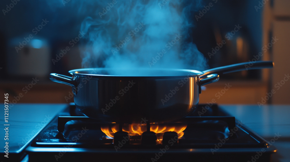 A modern stainless steel cooking pot positioned on a single gas stove burner.
A modern stainless steel cooking pot positioned on a single gas stove burner.