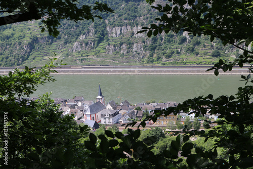 Rhine enbankment viewed from the Rheinsteig trail - between Saint Goarshausen and Kamp-Bornhofen - Hesse - Germany photo