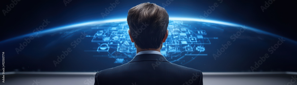 financial advisor observes luminous holographic display of data and analytics, contemplating strategies for investment and growth while standing against backdrop of Earth financial advisor observes luminous holographic display of data and analytics, contemplating strategies for investment and growth while standing against backdrop of Earth