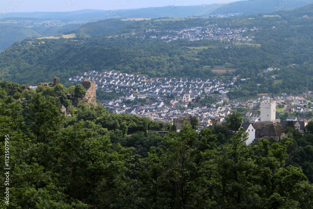 Obraz premium View of Bad Salzig from the Rheinsteig track in Kamp-Bornhofen - Hesse - Germany