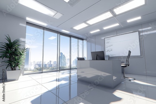 Modern Office Space with Large Windows and City View Highlighting Minimalist Design Elements and Bright Natural Light in a Contemporary Business Environment