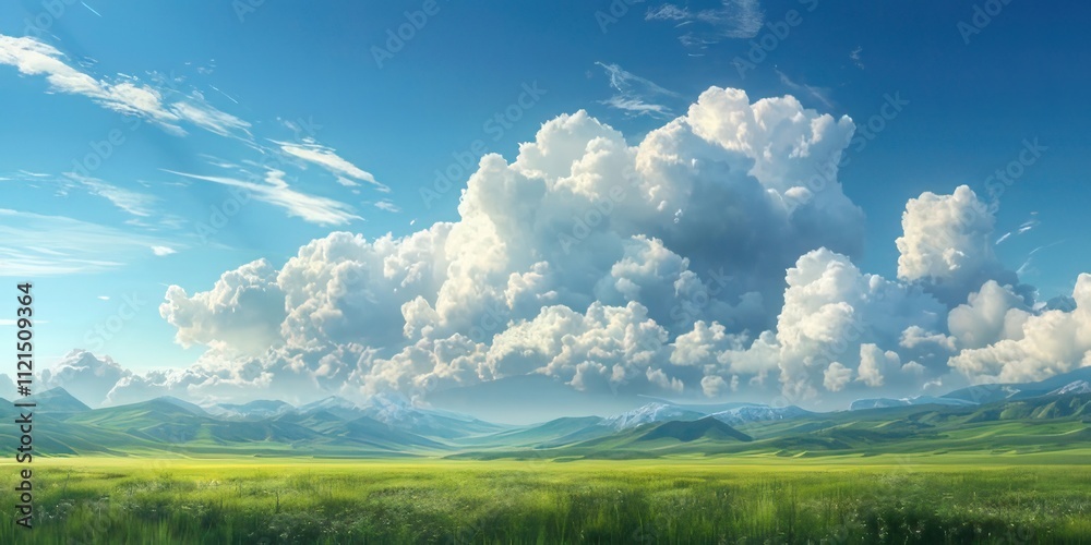 Serene landscape with fluffy clouds over green field and mountains under a blue sky. Serene landscape with fluffy clouds over green field and mountains under a blue sky.