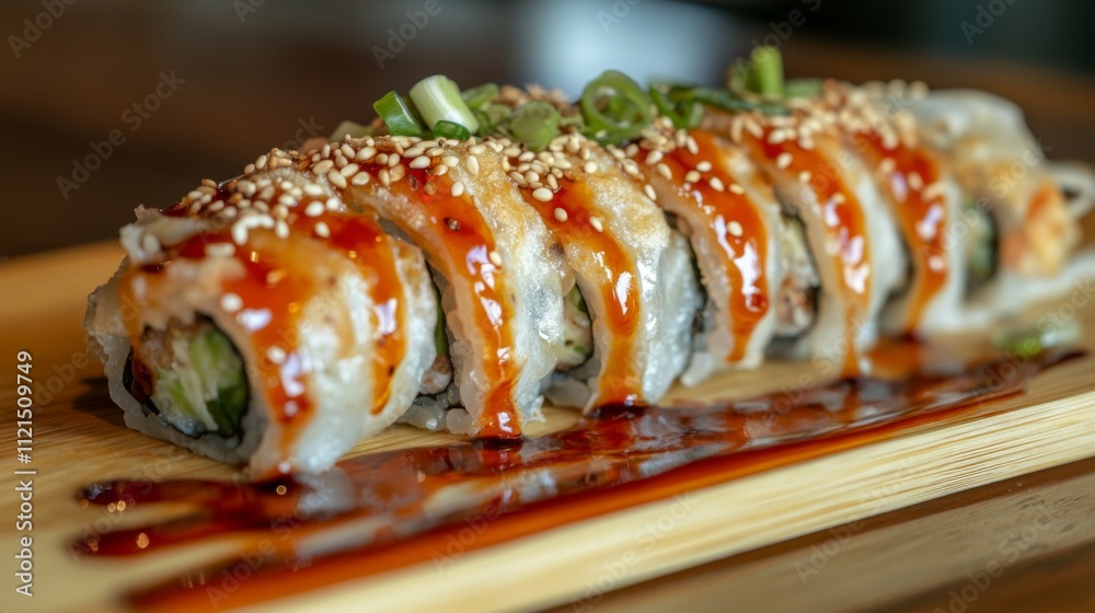 Delicious sushi roll with colorful toppings and drizzled sauce Delicious sushi roll with colorful toppings and drizzled sauce