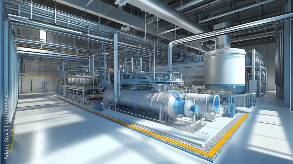 A large blue pipe with a white cap sits in a large industrial building. The pipe is surrounded by other pipes and valves, and the building is lit up with bright lights. Concept of industrial activity A large blue pipe with a white cap sits in a large industrial building. The pipe is surrounded by other pipes and valves, and the building is lit up with bright lights. Concept of industrial activity