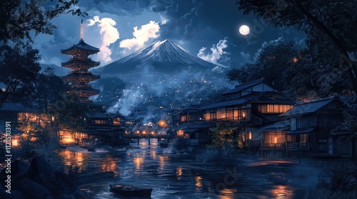 Serene Night Scene Japanese Village Mount Fuji