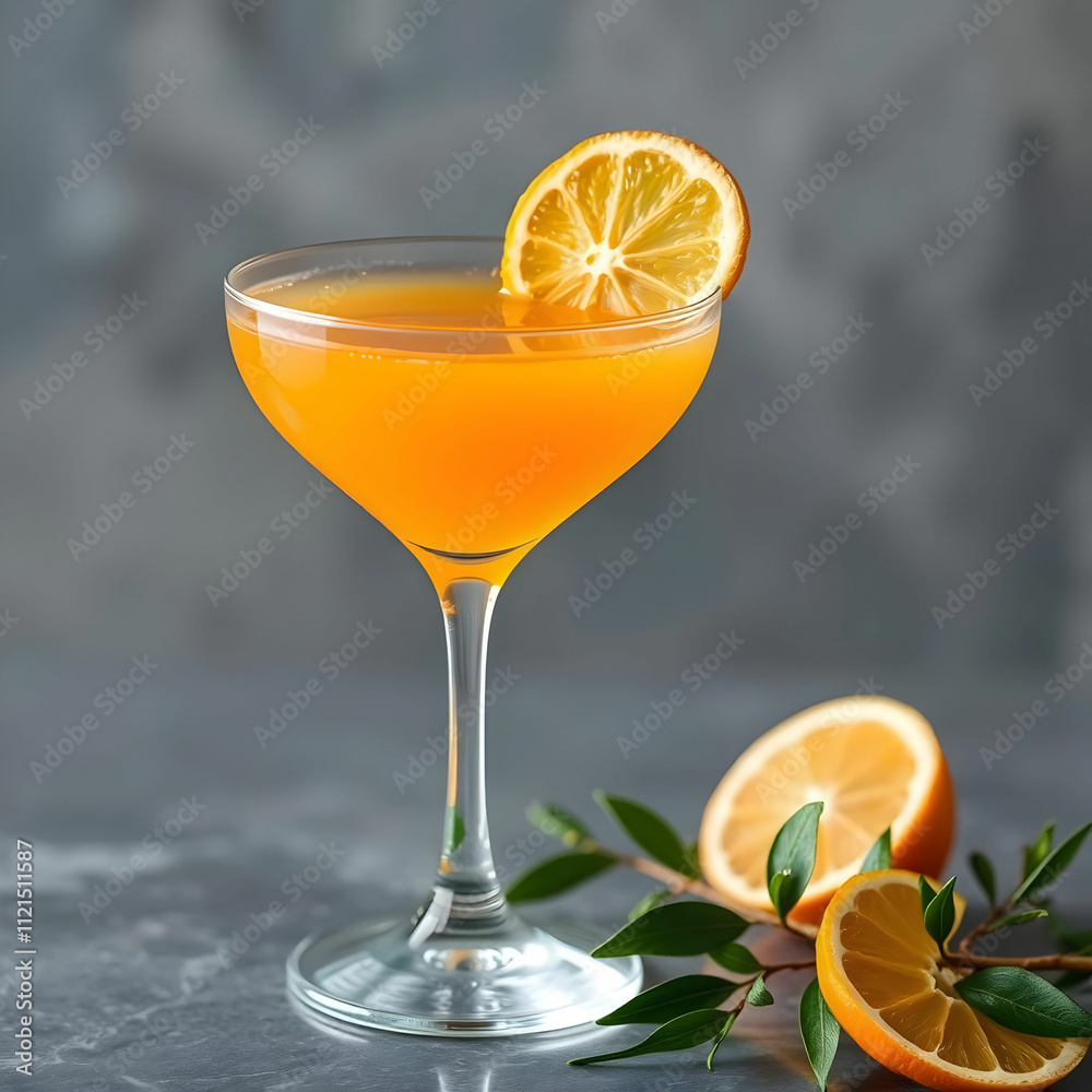 Orange cocktail in martini glass with dehydrated lemon Orange cocktail in martini glass with dehydrated lemon