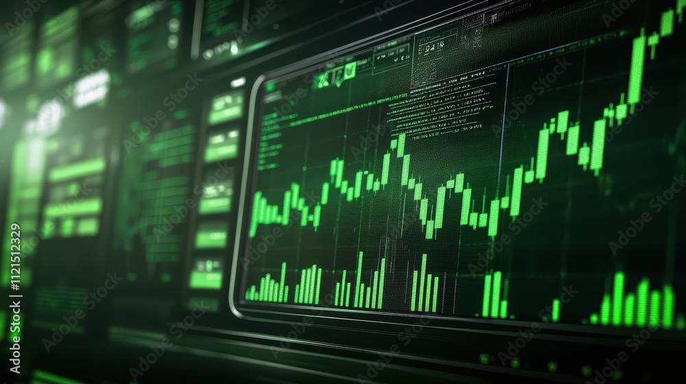 High tech interface displaying green financial data and stock charts, showcasing market trends and analytics in futuristic design