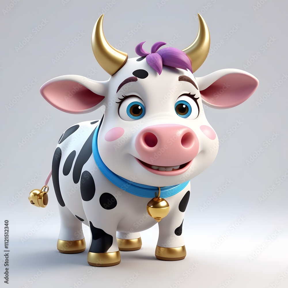 Adorable 3D Render of a Happy Cow with Golden Horns and Blue Collar, Cheerful Cartoon Farm Animal Illustration Adorable 3D Render of a Happy Cow with Golden Horns and Blue Collar, Cheerful Cartoon Farm Animal Illustration