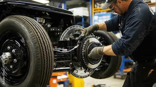 Mechanic installing disc brakes on rear wheels of a car