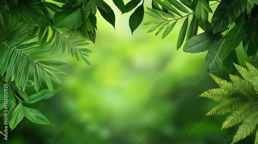 Lush green foliage frames serene background filled with vibrant leaves, creating tranquil atmosphere perfect for nature themed projects Lush green foliage frames serene background filled with vibrant leaves, creating tranquil atmosphere perfect for nature themed projects