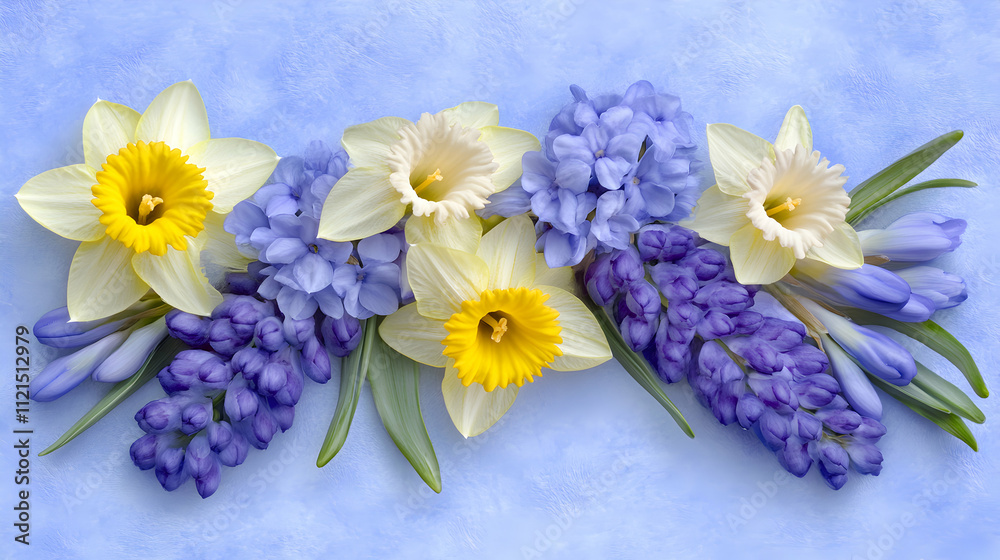 Vibrant spring floral arrangement of daffodils and hyacinths on a pale blue background. Perfect for spring themes, cards, and websites. Vibrant spring floral arrangement of daffodils and hyacinths on a pale blue background. Perfect for spring themes, cards, and websites.