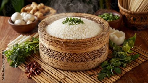 Freshly Cooked Rice in Traditional Bamboo Basket with Herbs and Greens