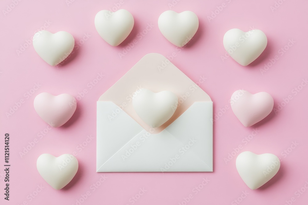 Romantic Heart-Shaped Decorations Surrounding an Open Envelope with a Pastel Pink Background for Love and Friendship Celebrations Romantic Heart-Shaped Decorations Surrounding an Open Envelope with a Pastel Pink Background for Love and Friendship Celebrations