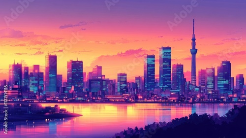 Vibrant City Skyline at Sunset Over Water