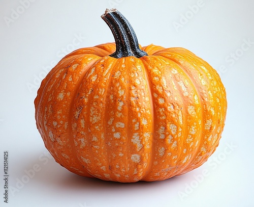 A vibrant orange pumpkin with speckled white details sits against a clean white background. Its dark green stem adds contrast to the warm tones. photo