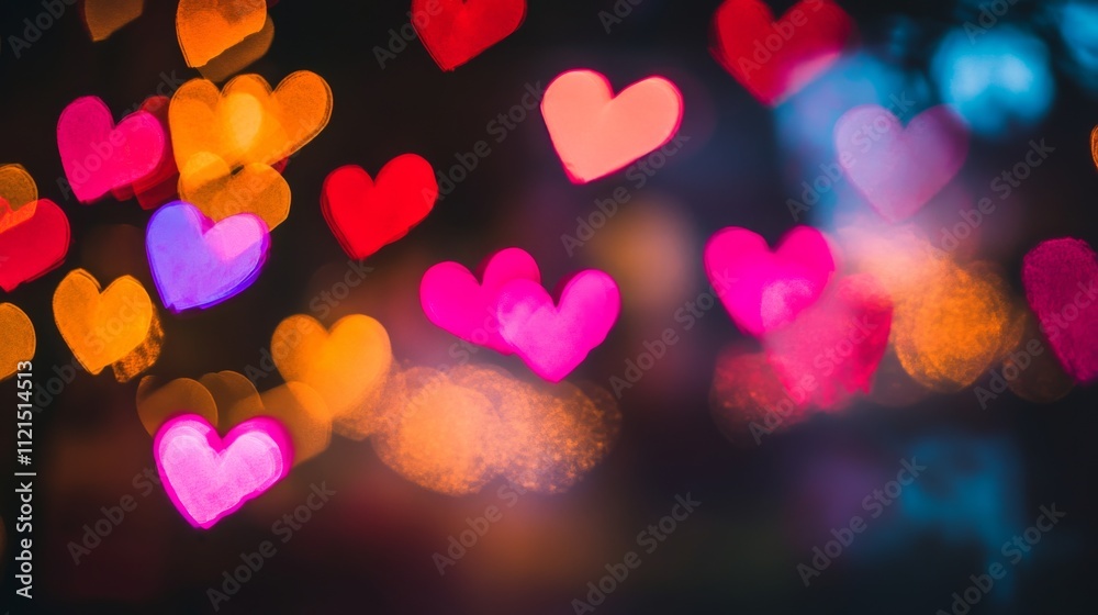 Colorful heart-shaped bokeh lights in romantic night scene Colorful heart-shaped bokeh lights in romantic night scene